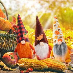 3 Pcs Fall Decoration Harvest Thanksgiving Decorations Gnomes Plush Elf Dwarf Doll Figurine with Pumpkin Autumn Maple Leaves