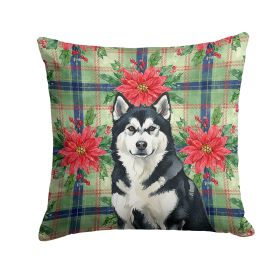 Black and White Alaskan Malamute Christmas PoinsettIas Throw Pillow Decorative Indoor Outdoor Accent Cushion for Couch, Bed or Patio, 14Hx14W