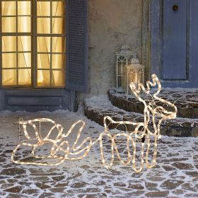 35" Christmas Reindeer and Sleigh with LED Motif Warm Lighting (Option: White-510x240x370 mm)
