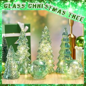 6 Pcs Mercury Glass Christmas Tree for Tabletop Light up Figurine Christmas Tree Mercury Cracked Glass Globe with Light for Xmas Decor Home Party (Color: Sage Green)