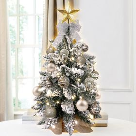 22in Mini Christmas Tree with Lights, Gold Artificial Small Tabletop Christmas Tree with Flocked Snow (Color: champagne)