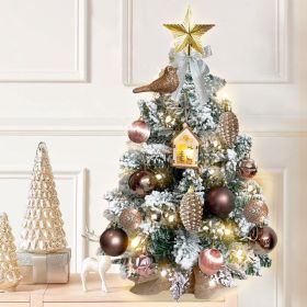 22in Mini Christmas Tree with Lights, Gold Artificial Small Tabletop Christmas Tree with Flocked Snow (Color: Woodland)